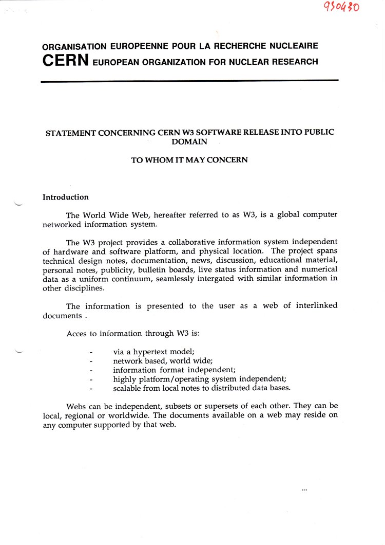 The document that officially put the World Wide Web into the public domain on 30 April 1993 - Page 1