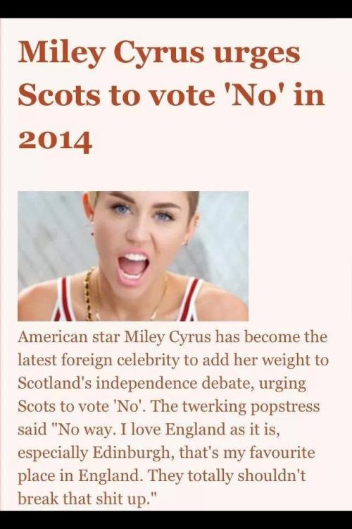 Mile Cyrus urges Scots to vote 'No'
