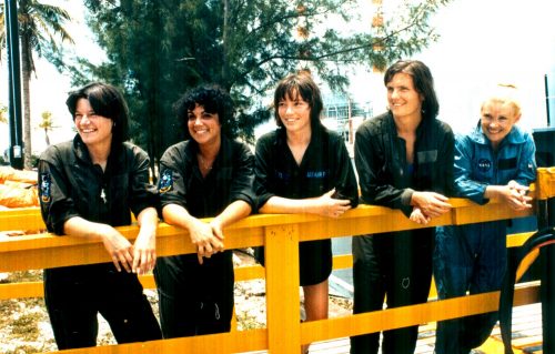 Taking a break from the various training exercises at a three-day water survival school held near Homestead Air Force Base, Florida, are some of the first female astronaut candidates in the U.S. space program. Left to right are Sally K. Ride, Judith A. Resnik, Anna L. Fisher, Kathryn D. Sullivan and Rhea Seddon. 