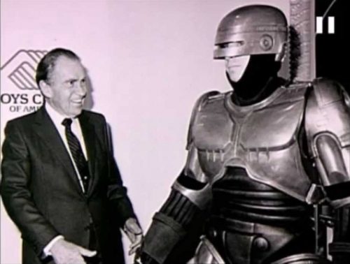 Richard M. Nixon and Robocopy together to help win the war on drugs.