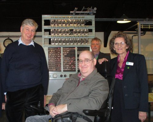 Margaret Sale with (l to r) Ken Flowers (son of Tommy Flowers, the creator of Colossus), Richard Goulden (nephew of Bill Tutte who discovered out how the Lorenz machine worked) and John Pether (TNMOC volunteer who has been on the Park with Margaret since 1994)